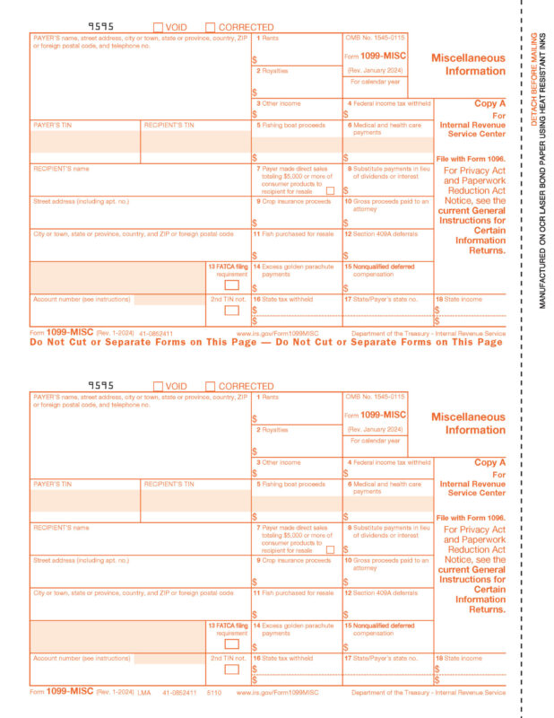 1099MISC Copy A Laser Form 500-Sheet Pack<br><br>BLMA