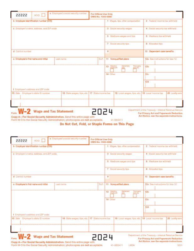 W2 Laser Printer Form FEDERAL Copy A 50-Sheet Pack<br><br>LW2A