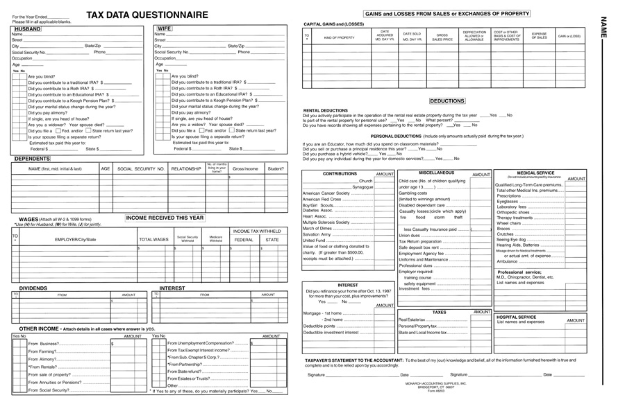 Tax Data Questionnaire with Health Insurance Coverage Insert<br><br>8203